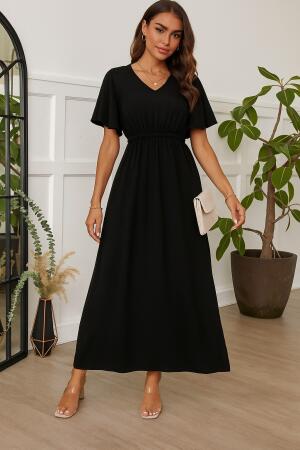 Kadın Kısa Kollu V Yakalı Beli Lastikli Uzun Viskon Elbise - ANGELINO BuyukBedeniz