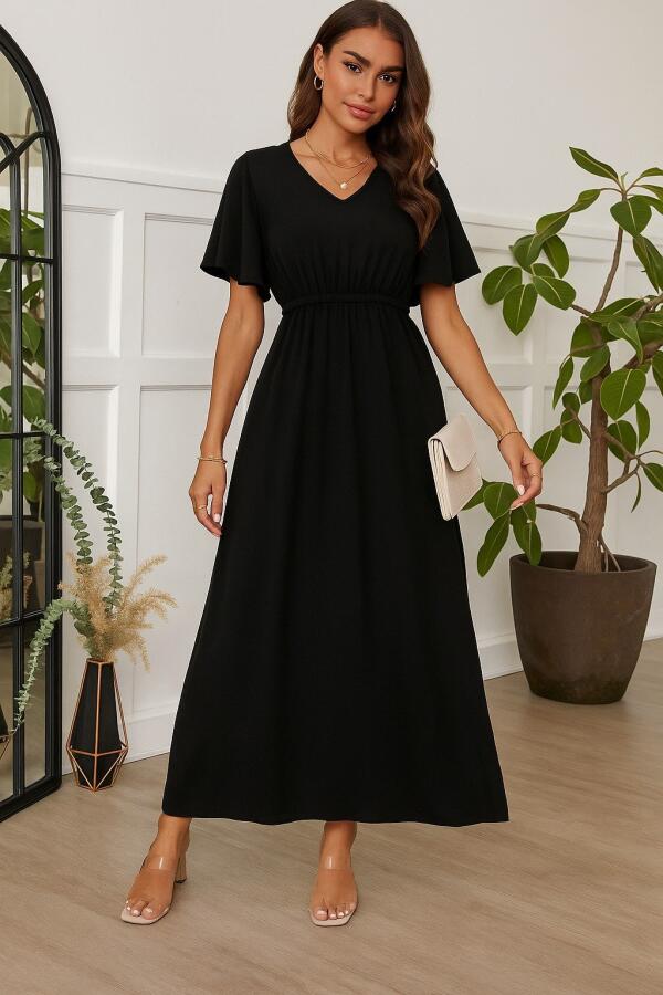 Kadın Kısa Kollu V Yakalı Beli Lastikli Uzun Viskon Elbise - 1