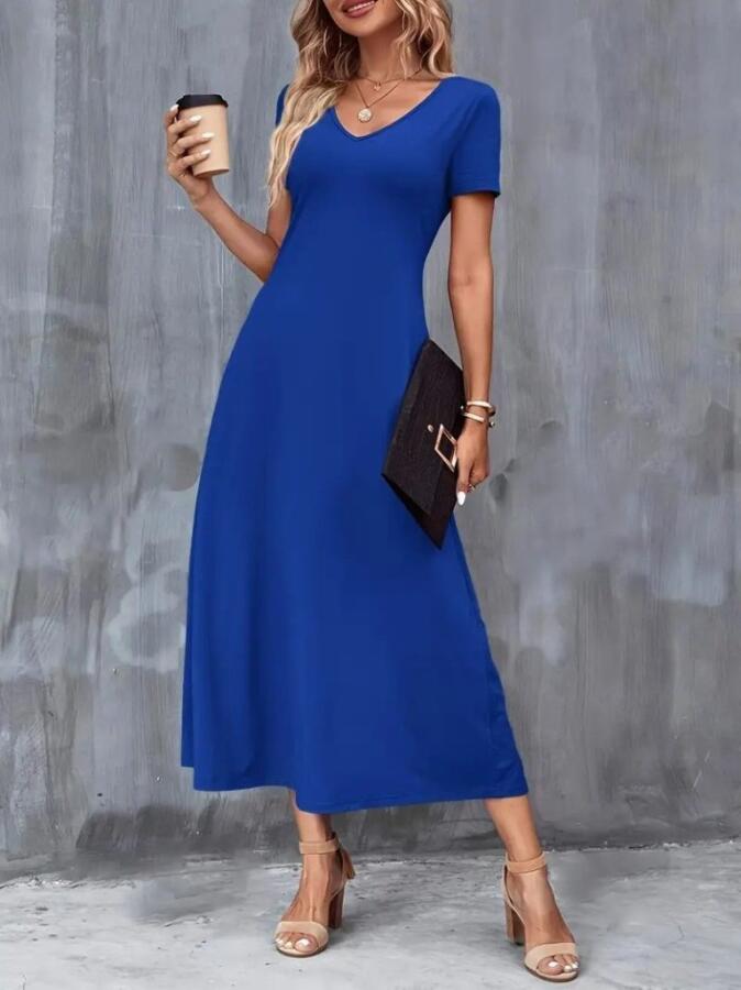 Kadın Kısa Kollu V Yakalı Cepli Viskon Elbise - 1