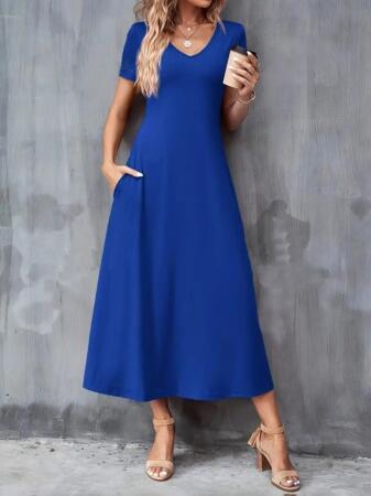 Kadın Kısa Kollu V Yakalı Cepli Viskon Elbise - 3