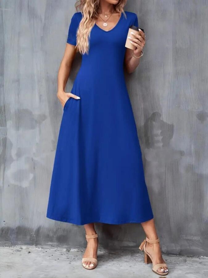 Kadın Kısa Kollu V Yakalı Cepli Viskon Elbise - 3