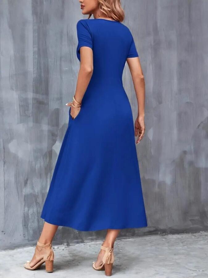 Kadın Kısa Kollu V Yakalı Cepli Viskon Elbise - 5