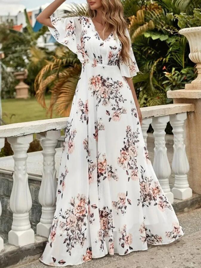 Kadın Kısa Kollu V Yakalı çiçek Desenli Süprem Elbise - 1