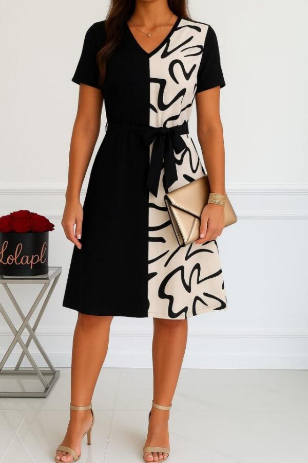 Kadın Kısa Kollu V Yakalı çift Renkli Desenli Beli Kuşaklı Atlas Elbise - 1