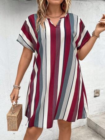 Kadın Kısa Kollu V Yakalı çizgi Baskılı Süprem Elbise - 7