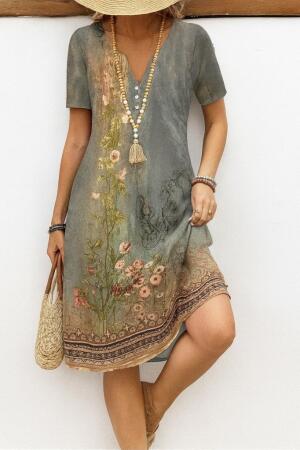 Kadın Kısa Kollu V Yakalı Desenli Süprem Elbise - ANGELINO BuyukBedeniz