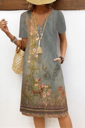 Kadın Kısa Kollu V Yakalı Desenli Süprem Elbise - ANGELINO BuyukBedeniz (1)