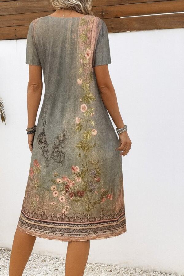 Kadın Kısa Kollu V Yakalı Desenli Süprem Elbise - 3