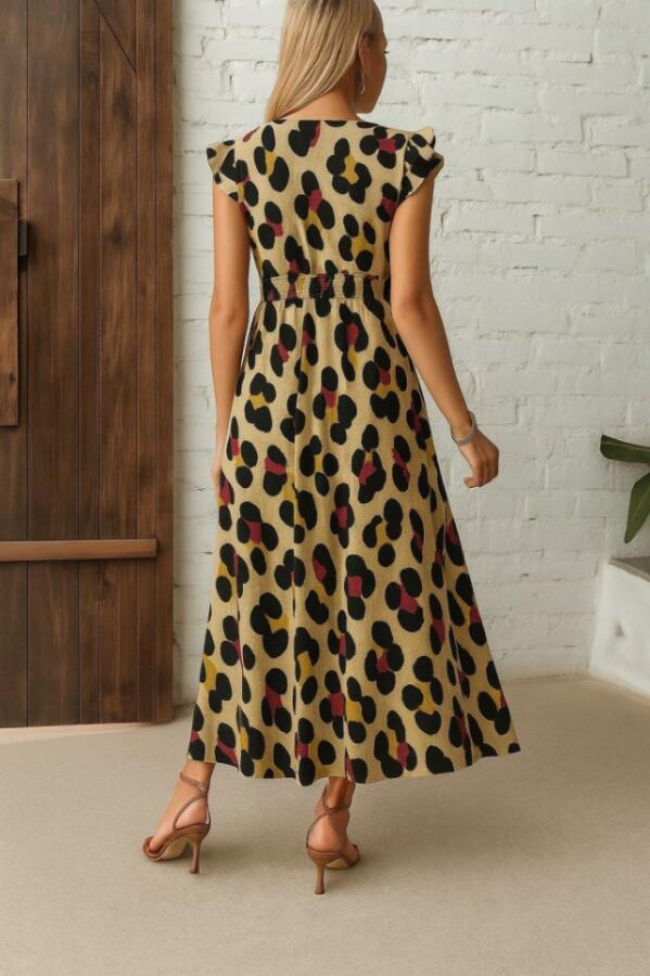 Kadın Kısa Kollu V Yakalı Desenli Yandan Yırtmaçlı Süprem Elbise - 3