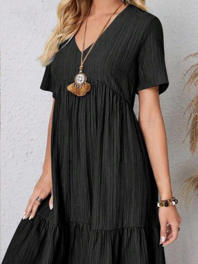 Kadın Kısa Kollu V Yakalı Fırfırlı Bürümcük Elbise - 2