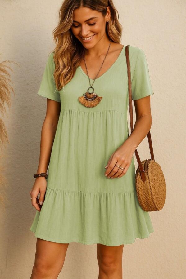 Kadın Kısa Kollu V Yakalı Fırfırlı Bürümcük Elbise - 1