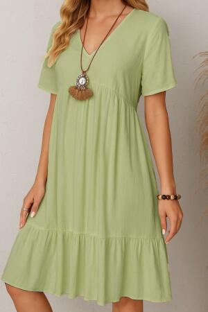 Kadın Kısa Kollu V Yakalı Fırfırlı Bürümcük Elbise - ANGELINO BuyukBedeniz (1)