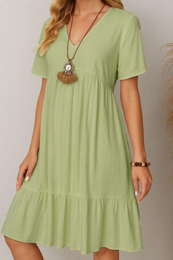 Kadın Kısa Kollu V Yakalı Fırfırlı Bürümcük Elbise - 2