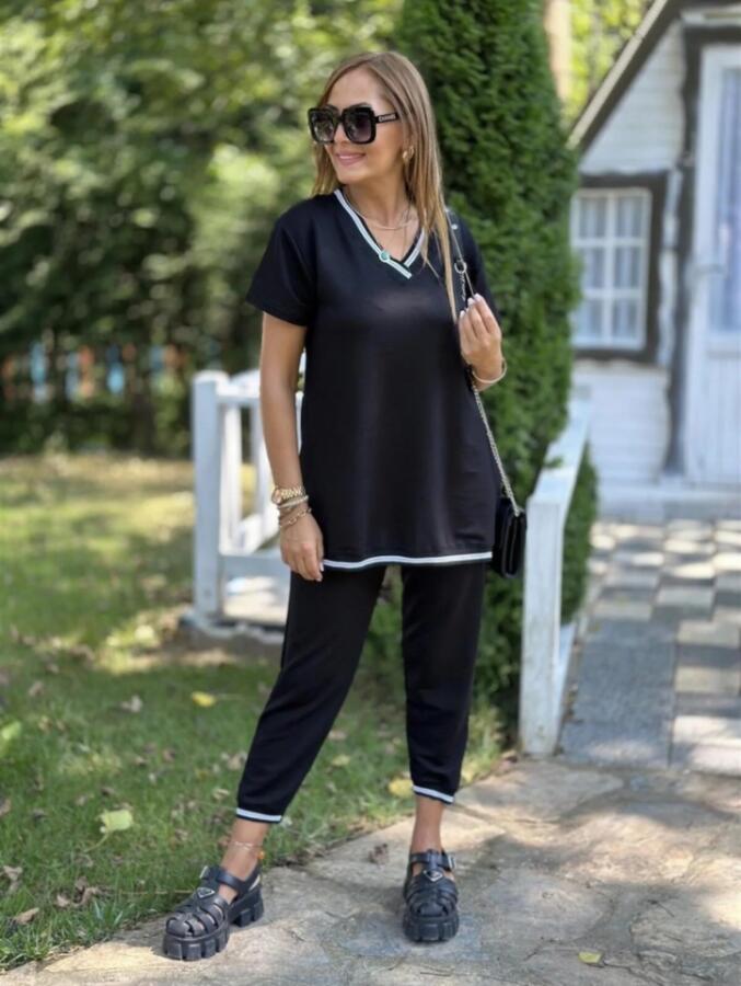 Kadın Kısa Kollu V Yakalı Iki Iplik Bluz Ve Pantolon Ikili Takım - 17