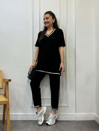 Kadın Kısa Kollu V Yakalı Iki Iplik Bluz Ve Pantolon Ikili Takım - 8