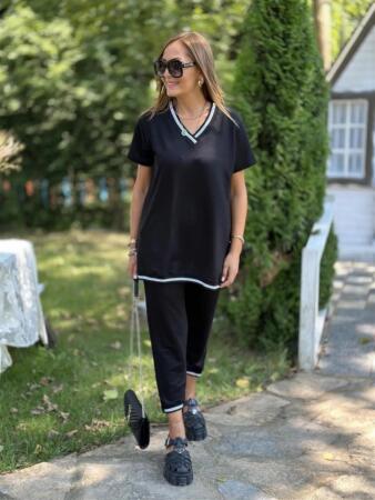 Kadın Kısa Kollu V Yakalı Iki Iplik Bluz Ve Pantolon Ikili Takım - 14
