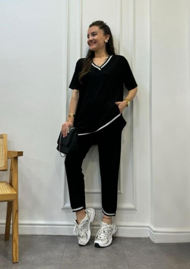 Kadın Kısa Kollu V Yakalı Iki Iplik Bluz Ve Pantolon Ikili Takım - 21