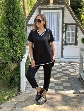 Kadın Kısa Kollu V Yakalı Iki Iplik Bluz Ve Pantolon Ikili Takım - 3