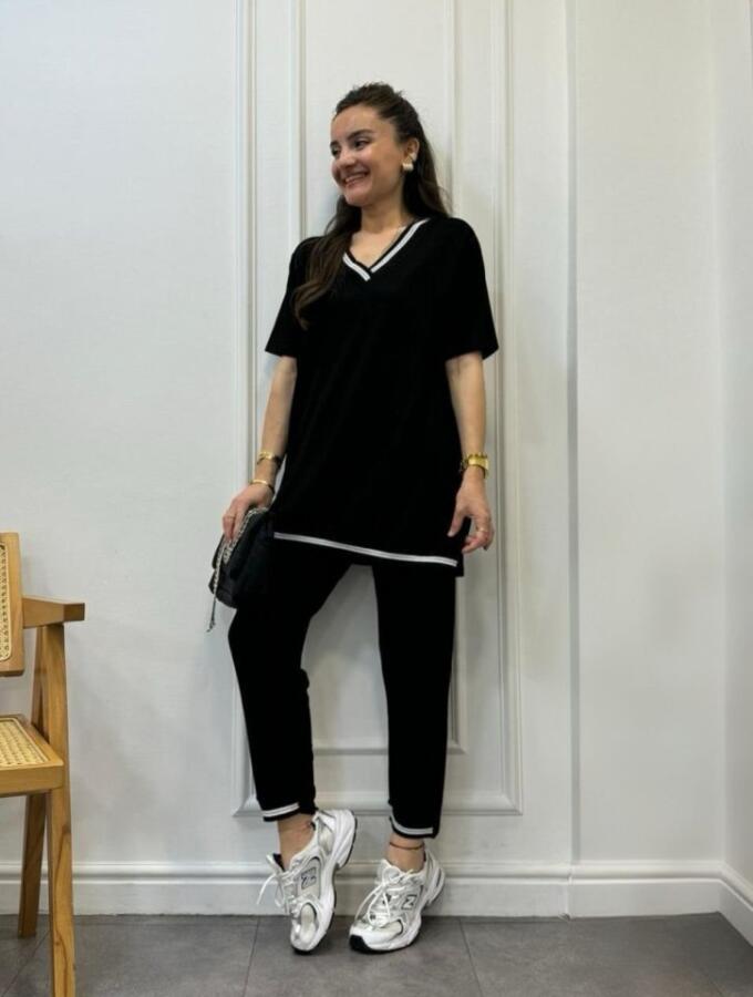 Kadın Kısa Kollu V Yakalı Iki Iplik Bluz Ve Pantolon Ikili Takım - 8