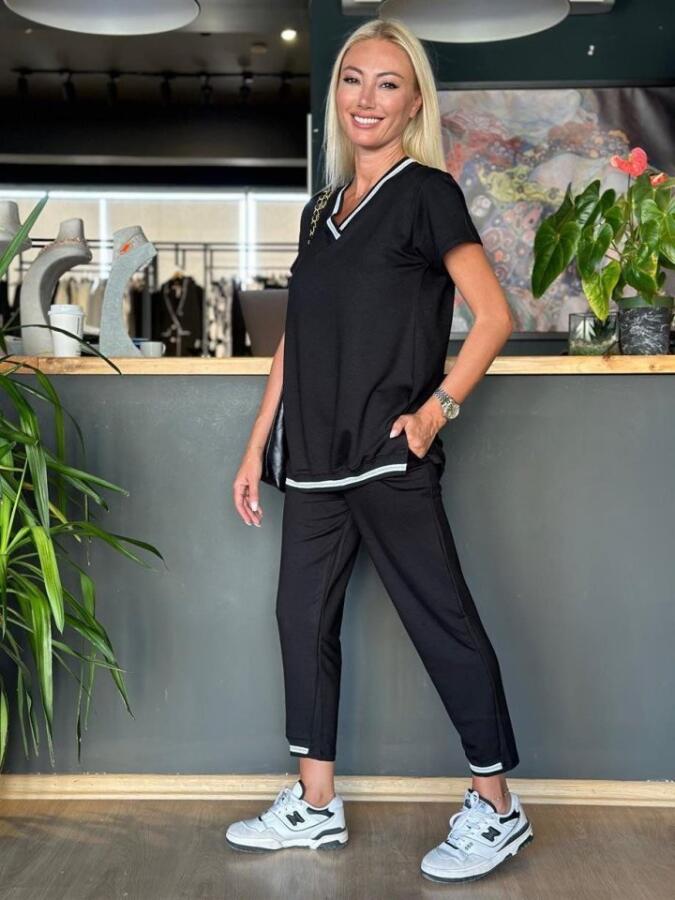 Kadın Kısa Kollu V Yakalı Iki Iplik Bluz Ve Pantolon Ikili Takım - 12