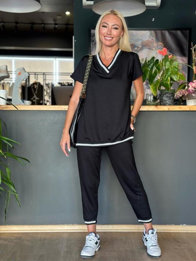 Kadın Kısa Kollu V Yakalı Iki Iplik Bluz Ve Pantolon Ikili Takım - 13