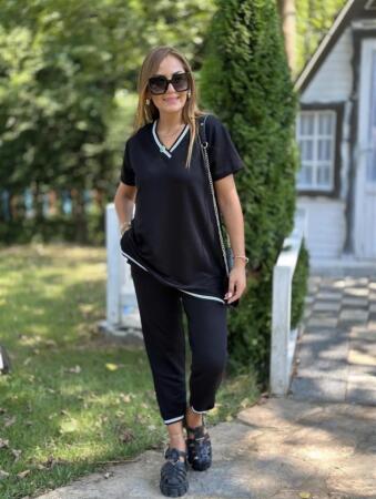 Kadın Kısa Kollu V Yakalı Iki Iplik Bluz Ve Pantolon Ikili Takım - 16