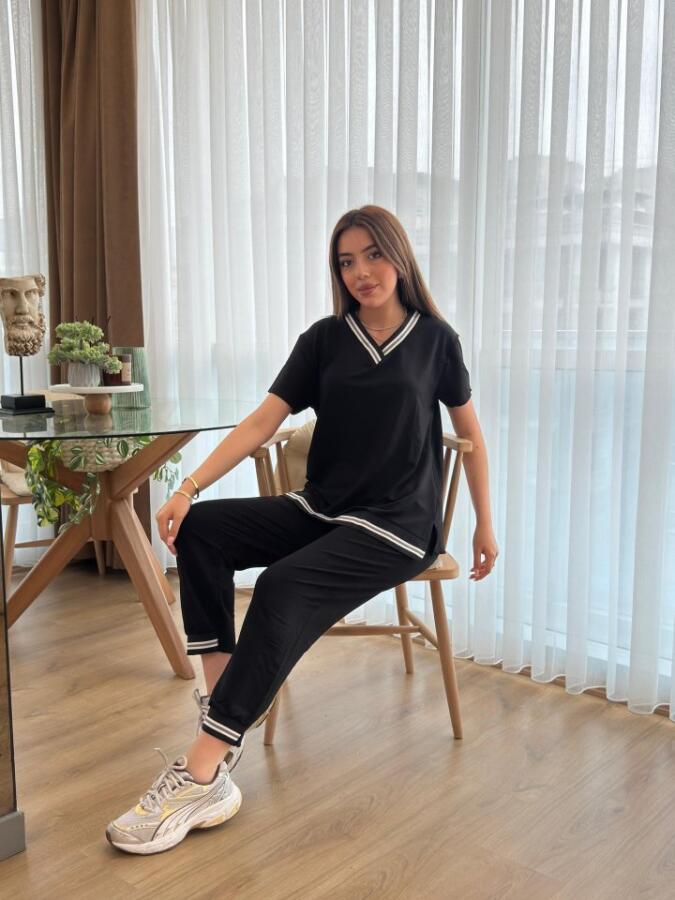 Kadın Kısa Kollu V Yakalı Iki Iplik Bluz Ve Pantolon Ikili Takım - 1