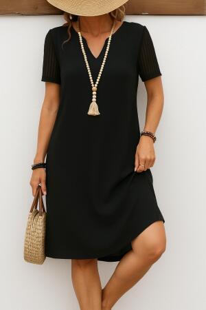 Kadın Kısa Kollu V Yakalı Kısa Janjan Krep Elbise - ANGELINO BuyukBedeniz