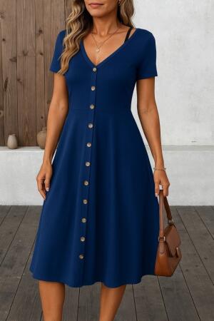 Kadın Kısa Kollu V Yakalı önden Düğmeli A Kesim Dokuma Elbise - ANGELINO BuyukBedeniz