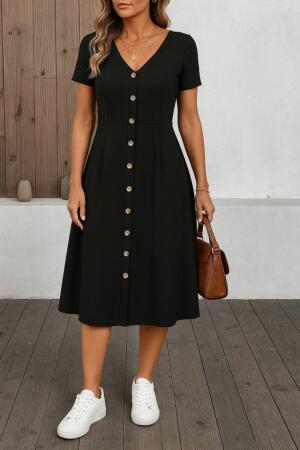 Kadın Kısa Kollu V Yakalı önden Düğmeli A Kesim Dokuma Elbise - ANGELINO BuyukBedeniz
