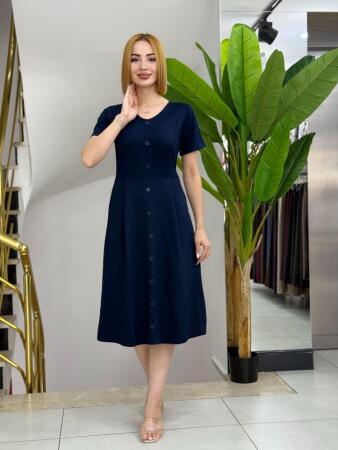 Kadın Kısa Kollu V Yakalı önden Düğmeli A Kesim Dokuma Elbise - 1