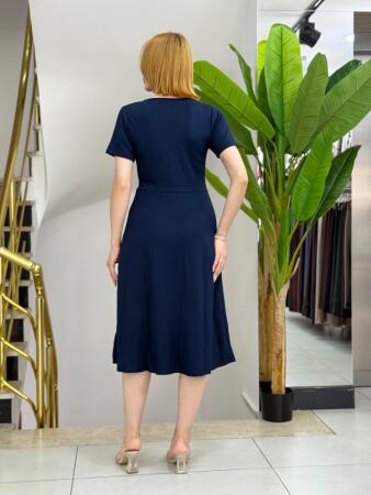 Kadın Kısa Kollu V Yakalı önden Düğmeli A Kesim Dokuma Elbise - 3