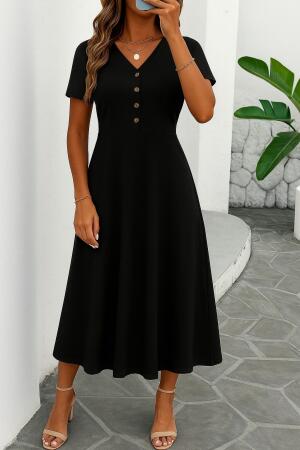 Kadın Kısa Kollu V Yakalı önden Düğmeli Yırtmaçlı Midi Viskon Elbise - ANGELINO BuyukBedeniz