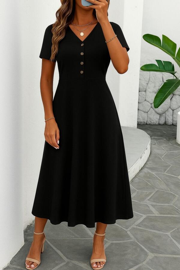 Kadın Kısa Kollu V Yakalı önden Düğmeli Yırtmaçlı Midi Viskon Elbise - 1