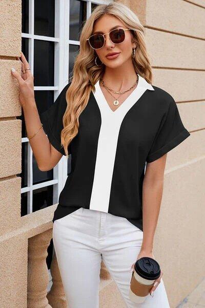 Kadın Kısa Kollu V Yakalı önden şerit Detaylı Sandy Bluz - 3