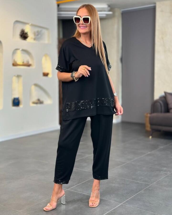 Kadın Kısa Kollu V Yakalı Pul Payetli Viskon Iki Iplik Bluz Ve Pantolon Ikili Takım - 2