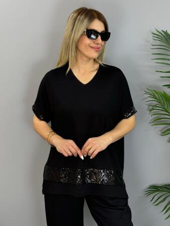 Kadın Kısa Kollu V Yakalı Pul Payetli Viskon Iki Iplik Bluz Ve Pantolon Ikili Takım - 5