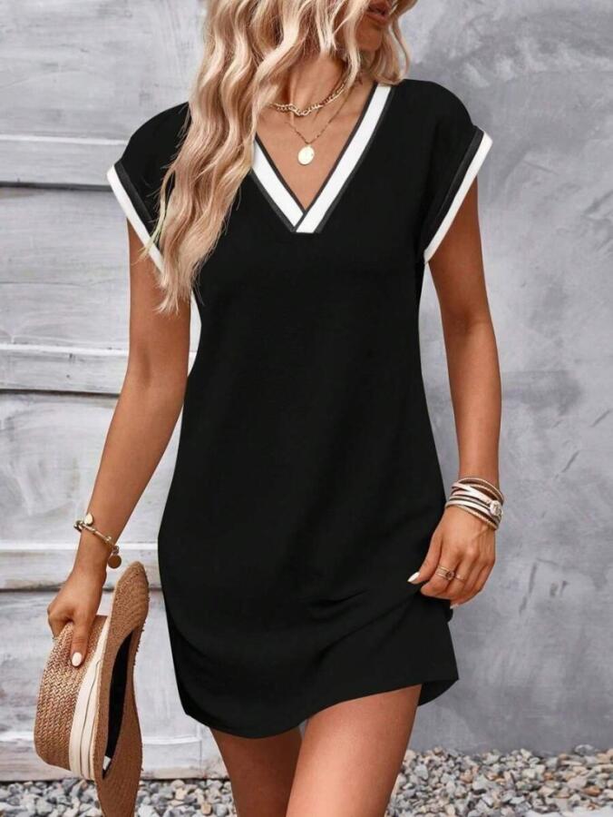 Kadın Kısa Kollu V Yakalı Ribanalı Modal Mini Elbise - 5