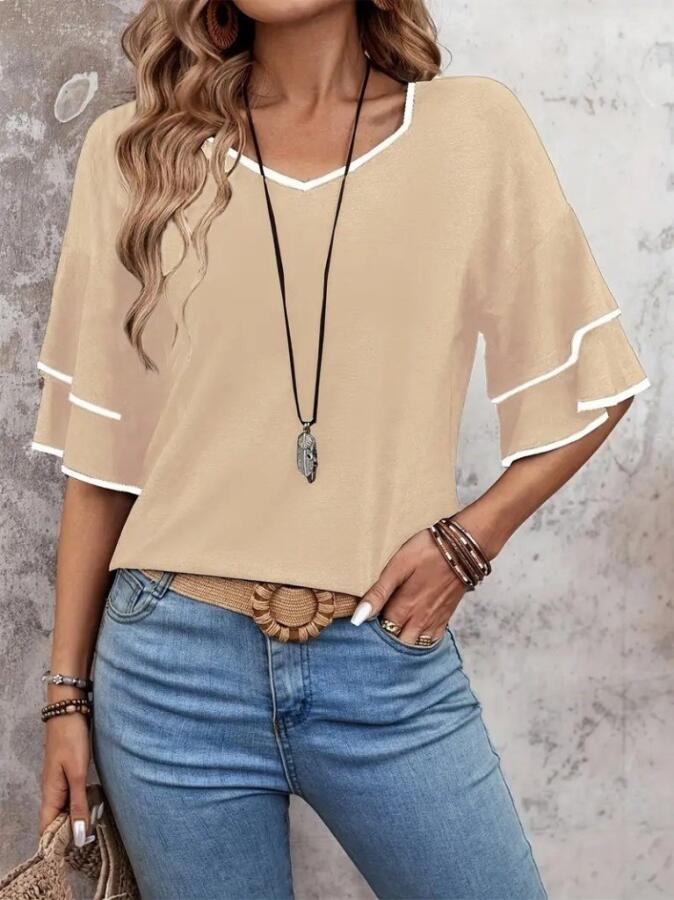 Kadın Kısa Kollu V Yakalı Viskon Bluz - 1