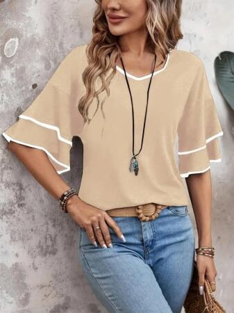 Kadın Kısa Kollu V Yakalı Viskon Bluz - ANGELINO BuyukBedeniz (1)