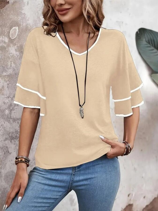 Kadın Kısa Kollu V Yakalı Viskon Bluz - 5