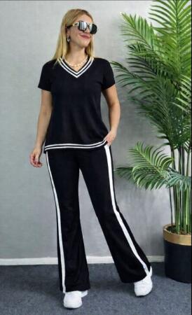 Kadın Kısa Kollu V Yakalı Viskon Iki Iplik Bluz Ve Pantolon Ikili Takım - ANGELINO BuyukBedeniz