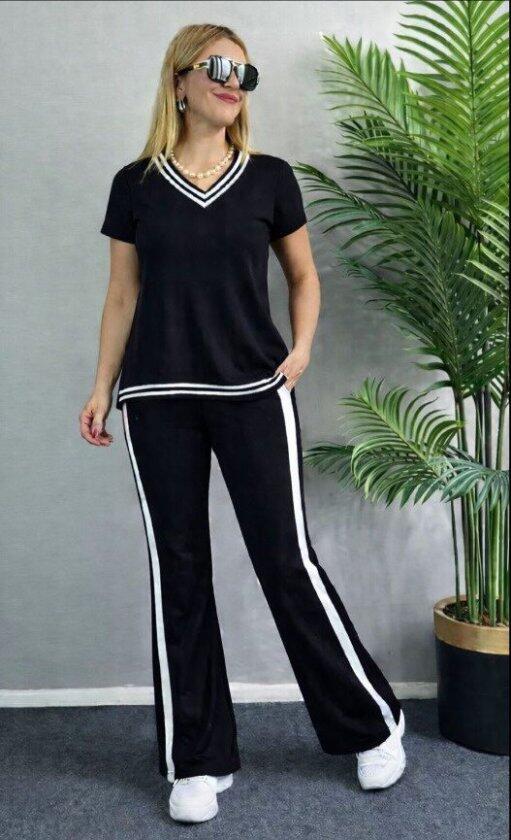 Kadın Kısa Kollu V Yakalı Viskon Iki Iplik Bluz Ve Pantolon Ikili Takım - 1