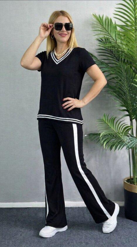 Kadın Kısa Kollu V Yakalı Viskon Iki Iplik Bluz Ve Pantolon Ikili Takım - 2