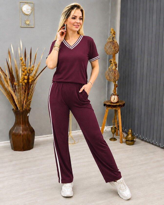 Kadın Kısa Kollu V Yakalı Viskon Iki Iplik Bluz Ve Pantolon Ikili Takım - 3