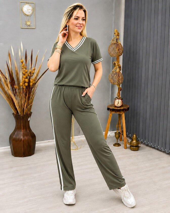 Kadın Kısa Kollu V Yakalı Viskon Iki Iplik Bluz Ve Pantolon Ikili Takım - 3