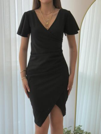 Kadın Kısa Kollu Volanlı Kruvaze Yaka Yanlardan Büzgülü Ithal Krep Elbise - ANGELINO BuyukBedeniz (1)