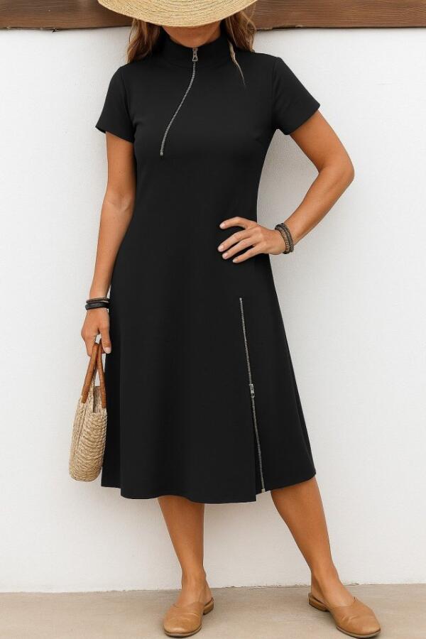 Kadın Kısa Kollu Yakadan Ve Etekten Fermuarlı Midi Viskon Iki Iplik Elbise - 1