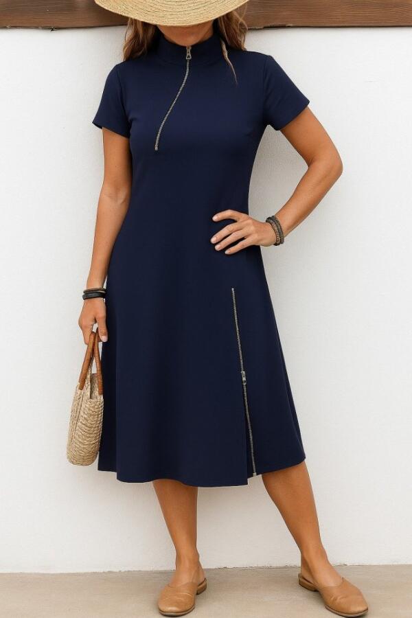 Kadın Kısa Kollu Yakadan Ve Etekten Fermuarlı Midi Viskon Iki Iplik Elbise - 1