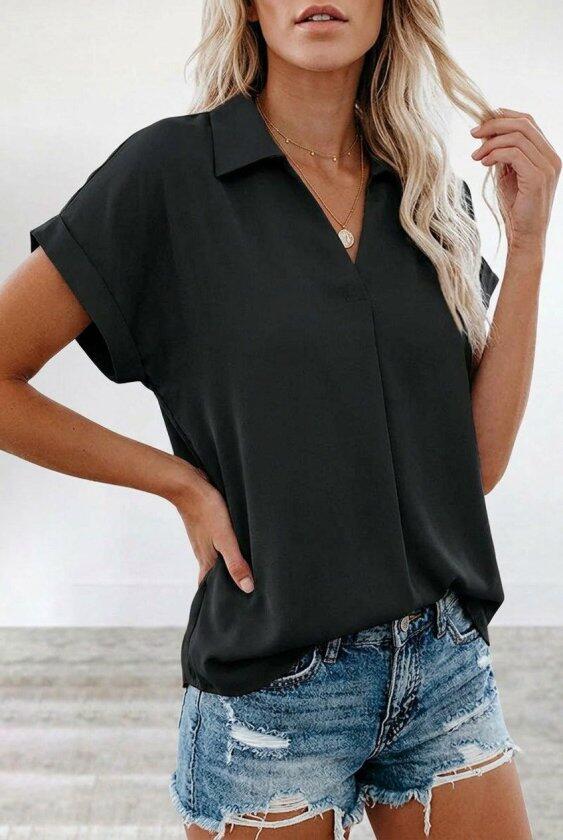 Kadın Kısa Kollu Yakalı Dokuma Viskon Bluz - 2